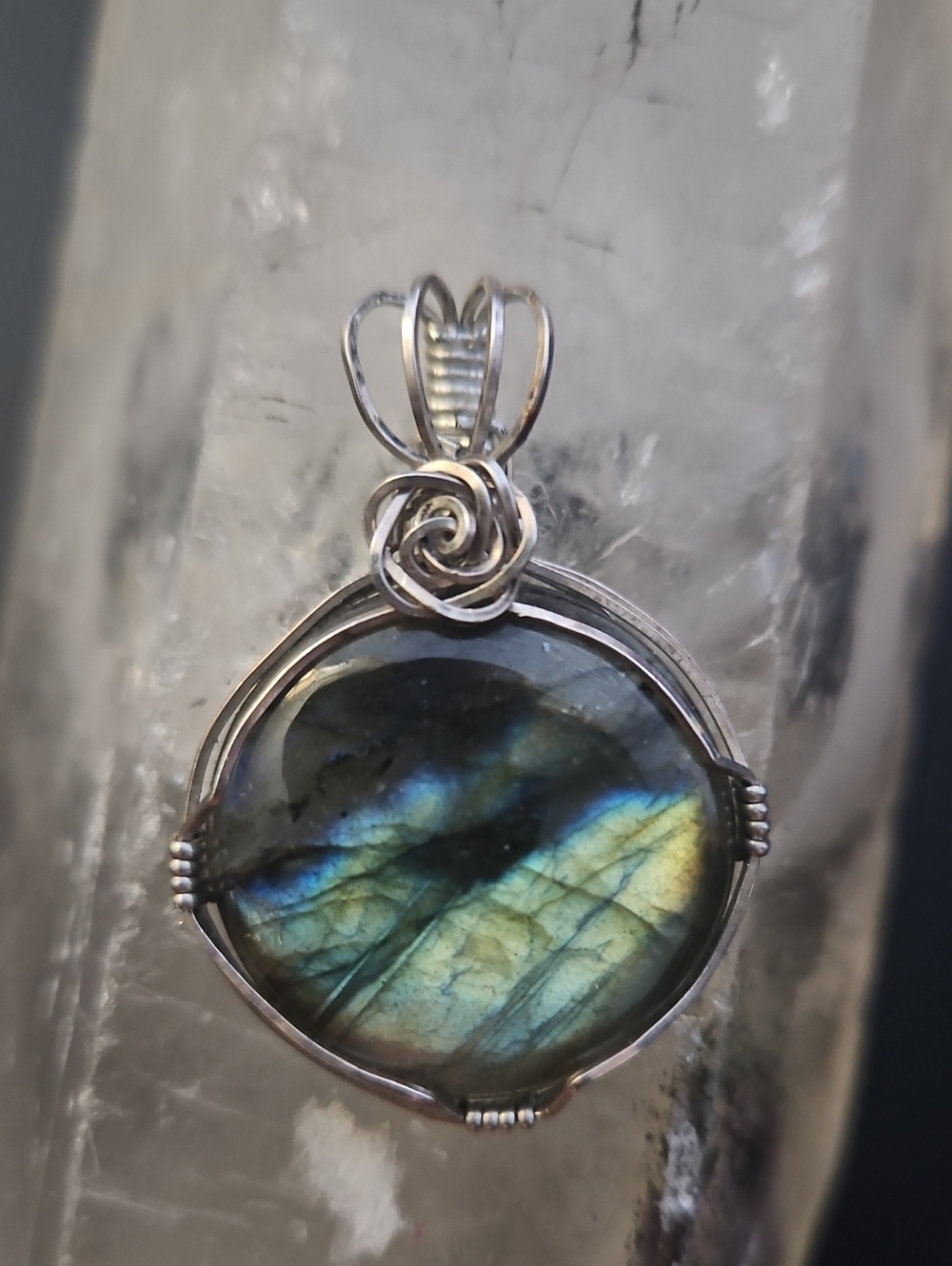 Vintage Handmade Big Labradorite Pendant Handwrapped In Sterling Silver Wire